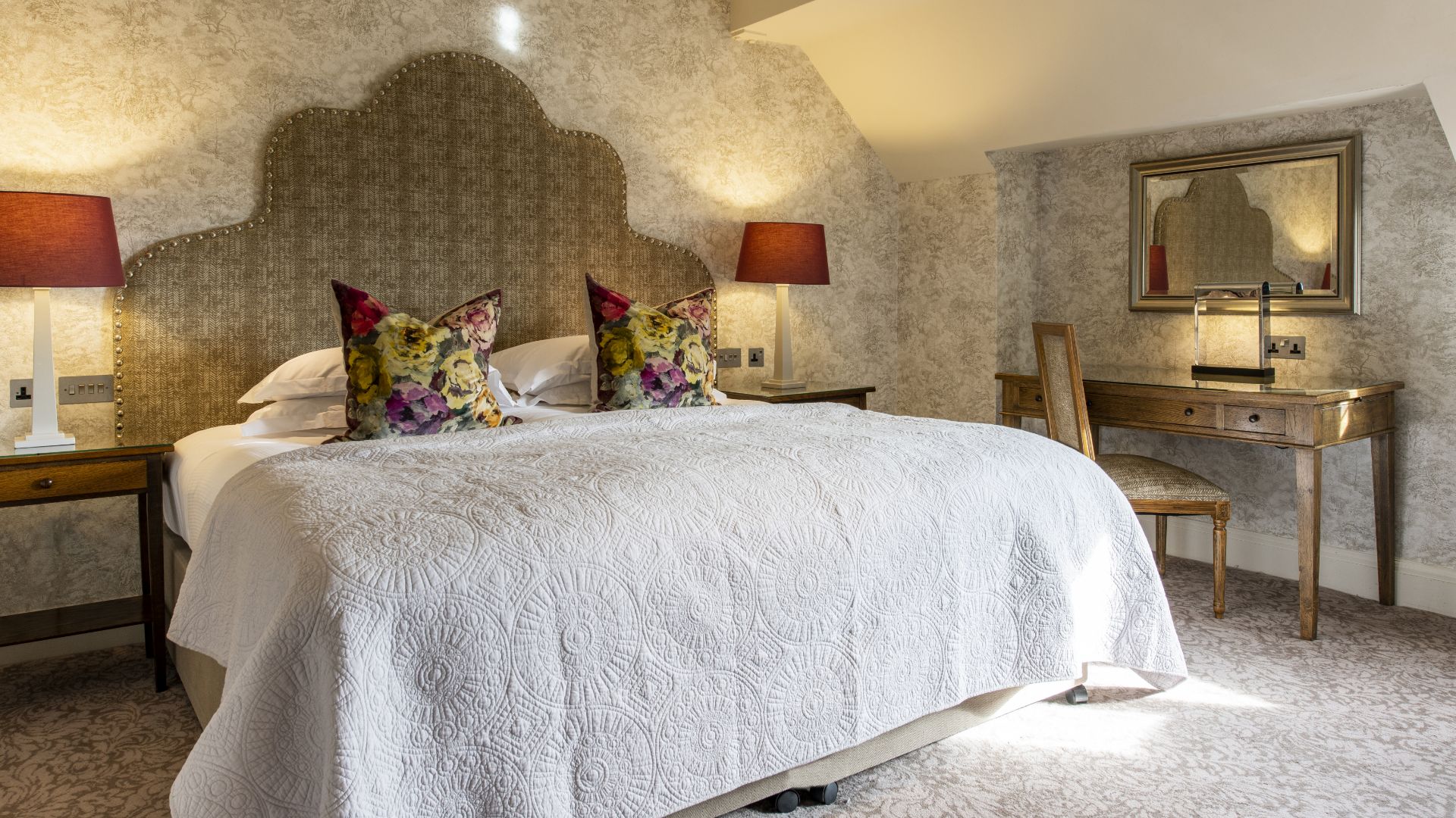 Castle Room bedroom and table at Bovey Castle 