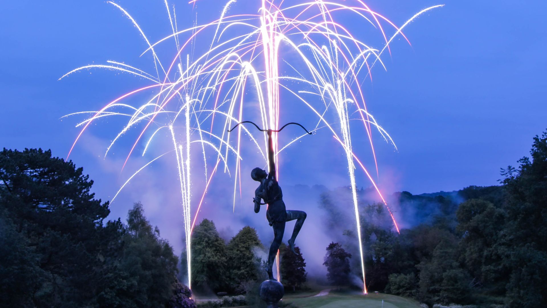 Fireworks and statue at Bovey Castle 