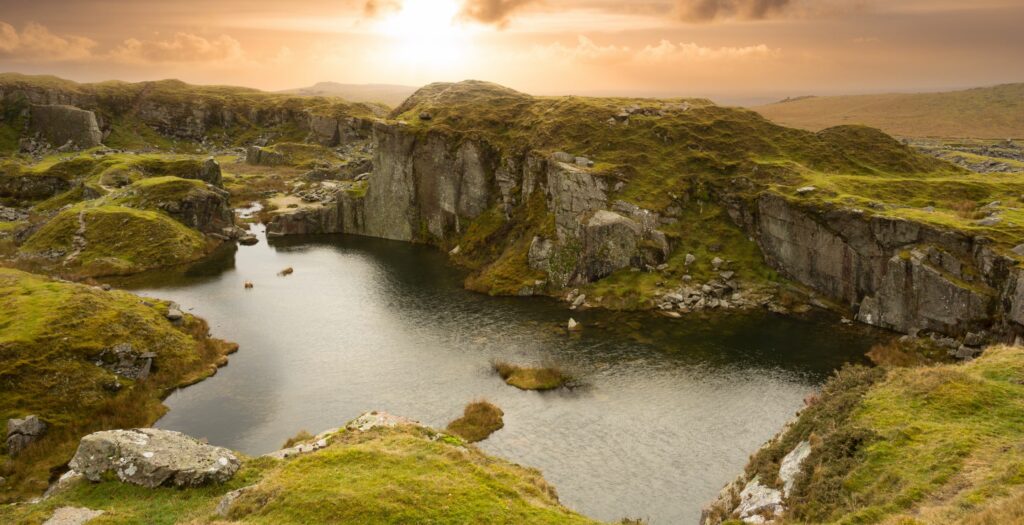 Scenic Foggintor Quarry as the sun sets amongst things to do in Dartmoor national park