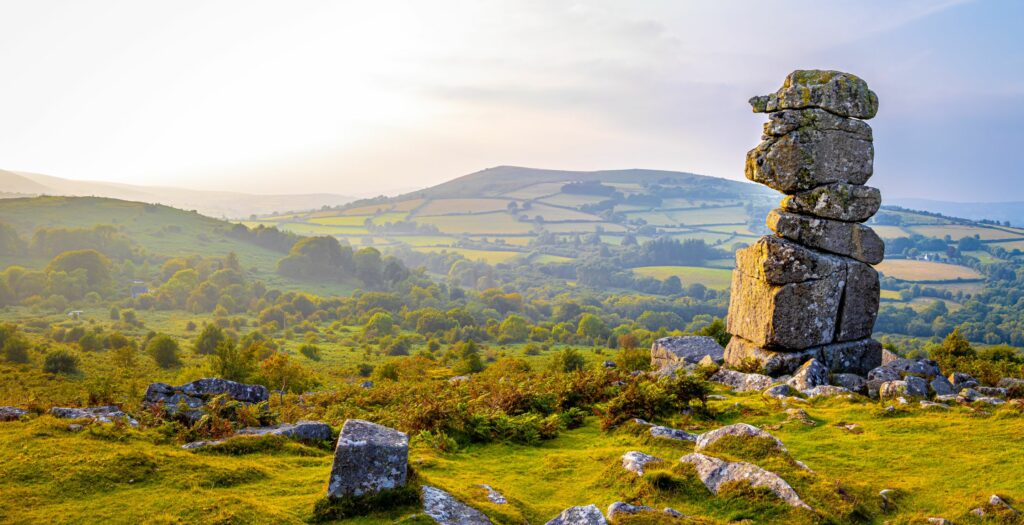 Rolling Dartmoor hills on a clear, sunny day