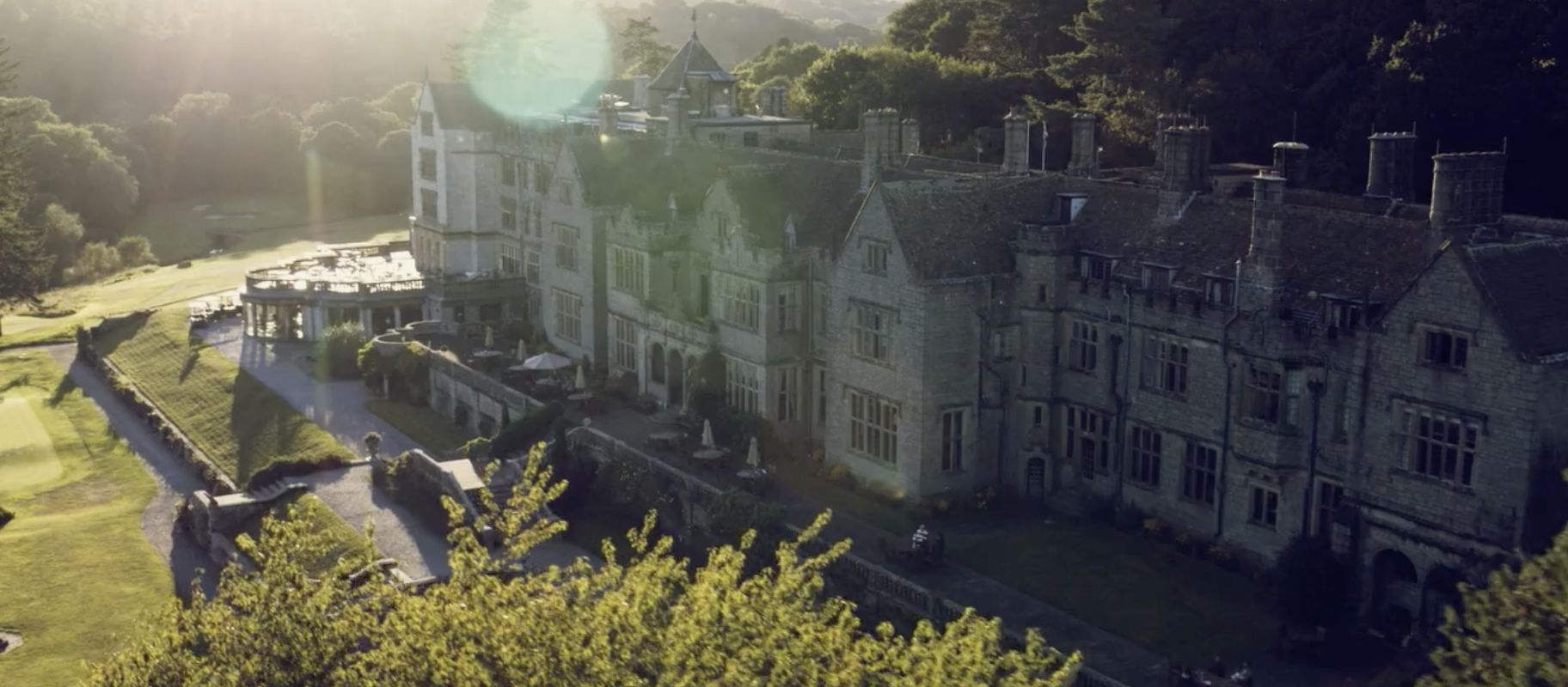 Birds eye view of Bovey Castle exterior 