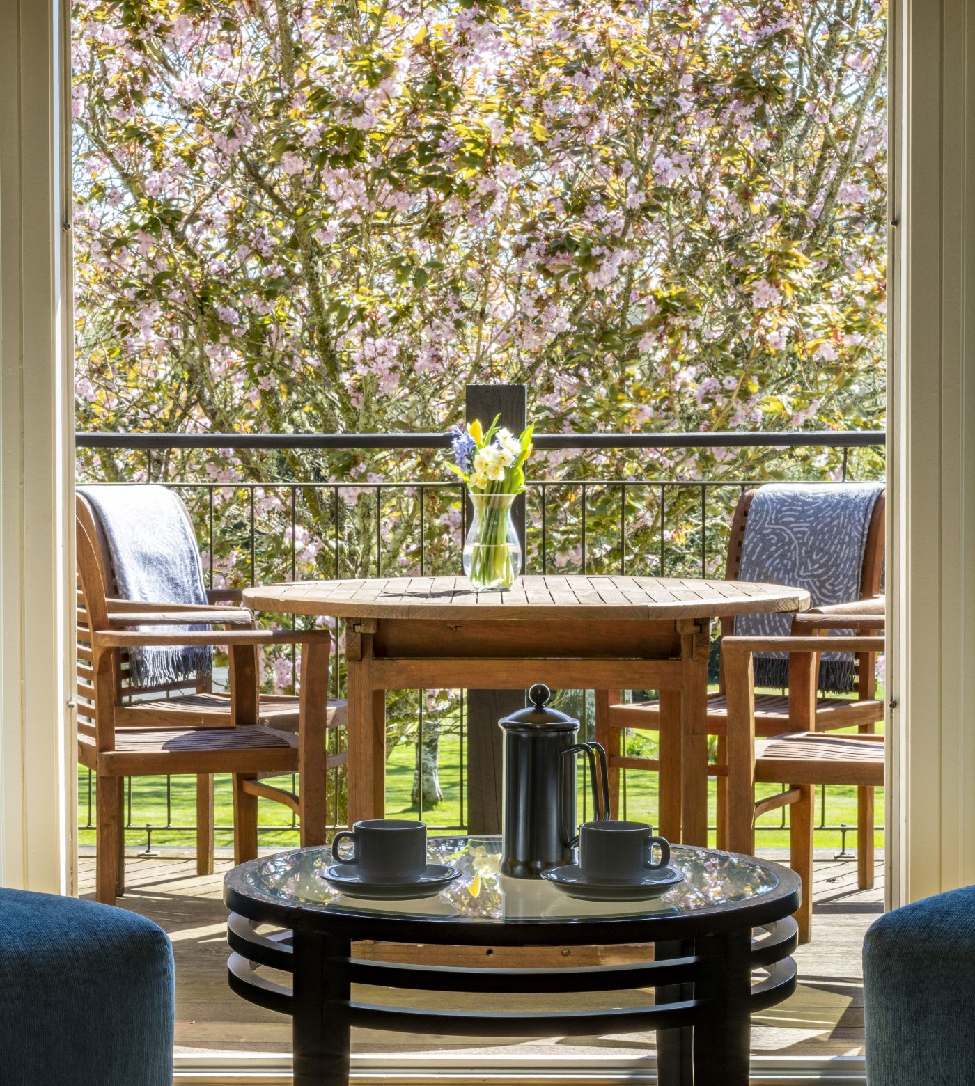 Outside view and table on lodge balcony 