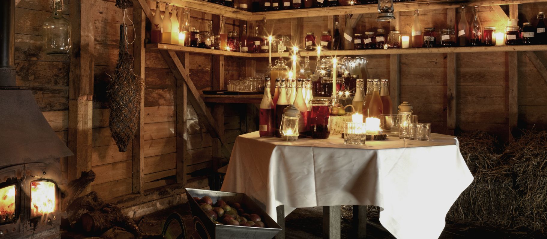 Long Barn with table of drinks 