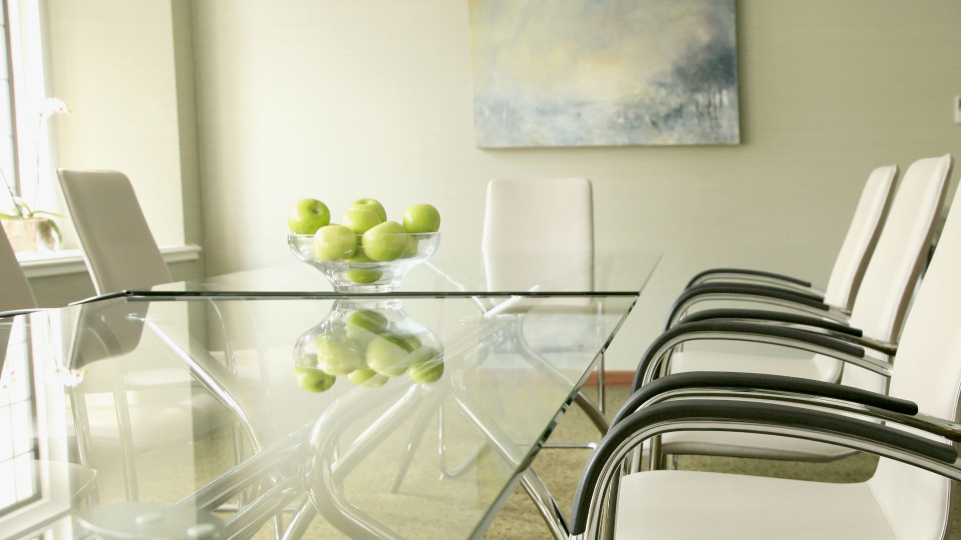 Corporate Venue table and chairs with bowl of apples centre 