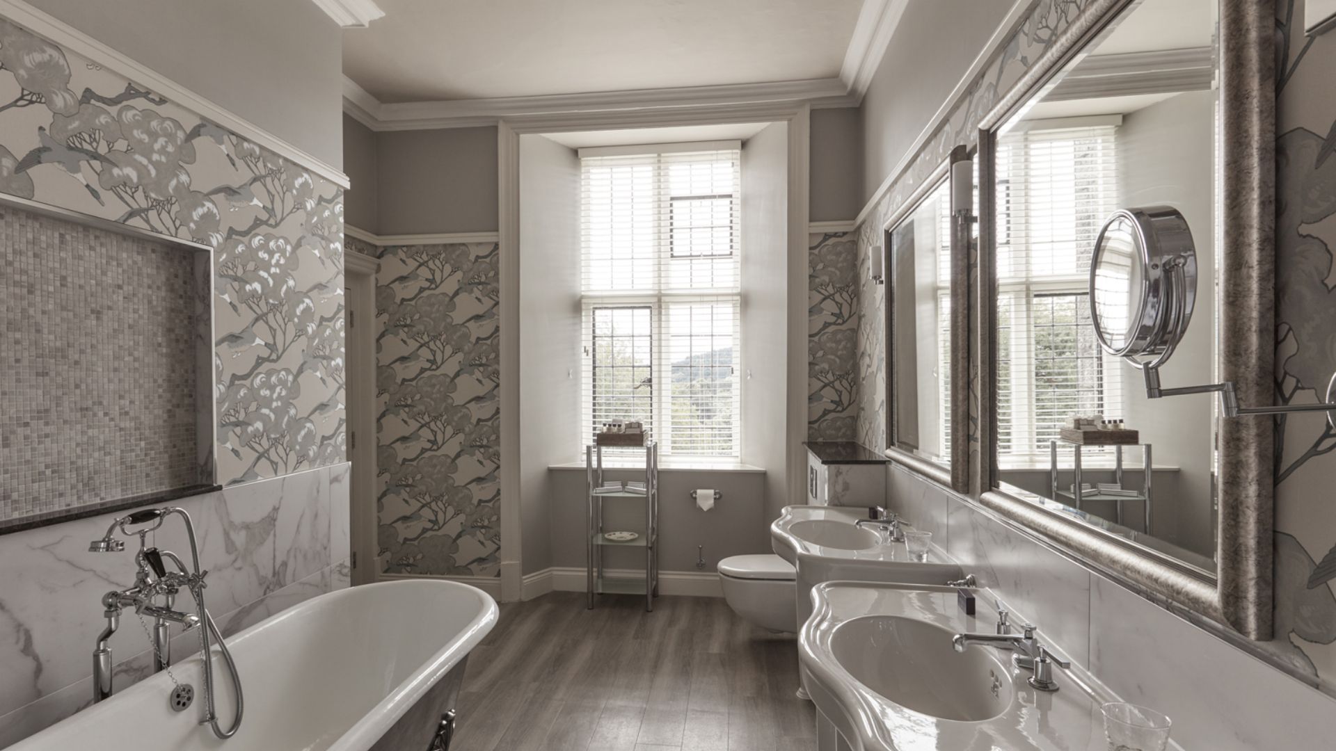 State Room bathroom with double sink and bath