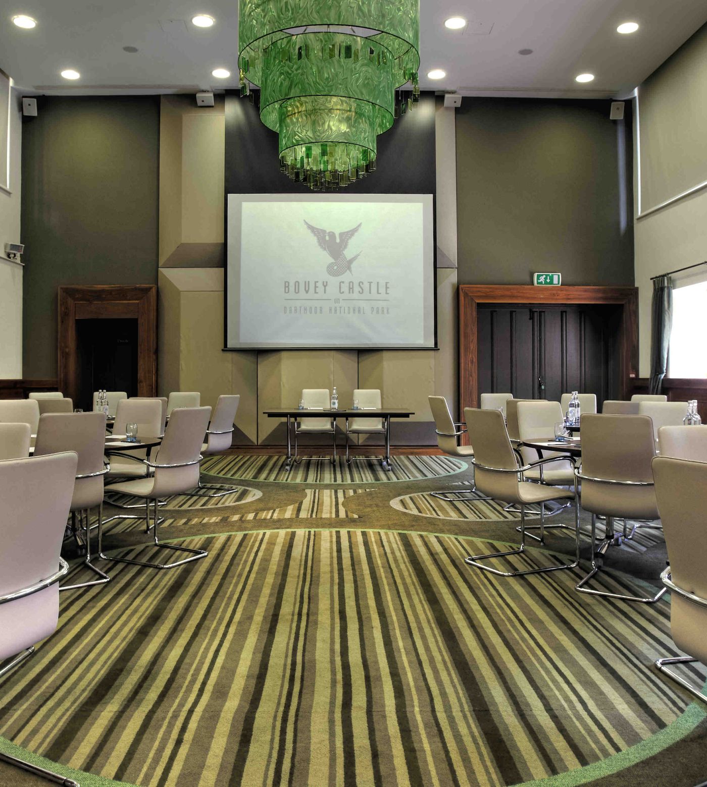 Bovey Castle boardroom with presentation monitor and chairs 