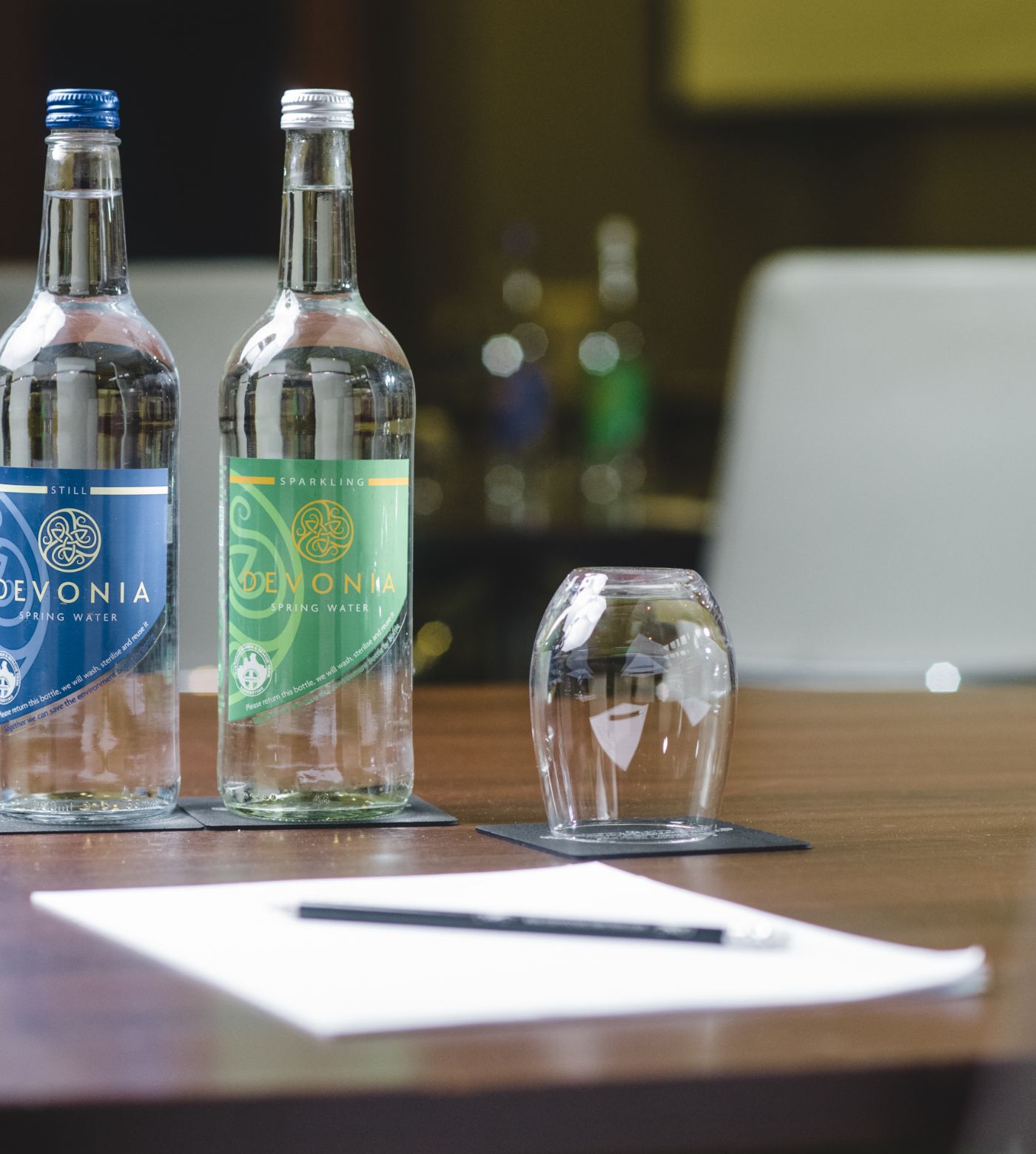 Bottles of water on table 